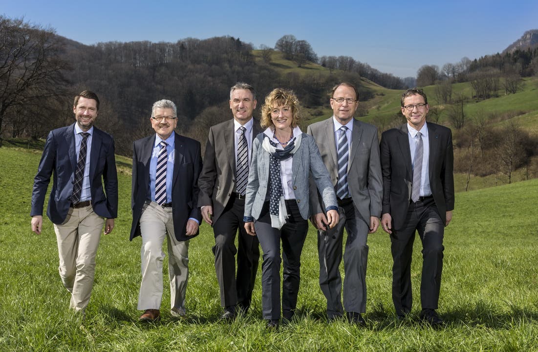 So präsentiert sich der Aargauer Regierungsrat auf dem offiziellen Foto 2012 Staatsschreiber Peter Grünenfelder, Roland Brogli (CVP), Alex Hürzeler (SVP), Susanne Hochuli (Grüne), Peter C. Beyeler (FDP) und Urs Hofmann (SP).