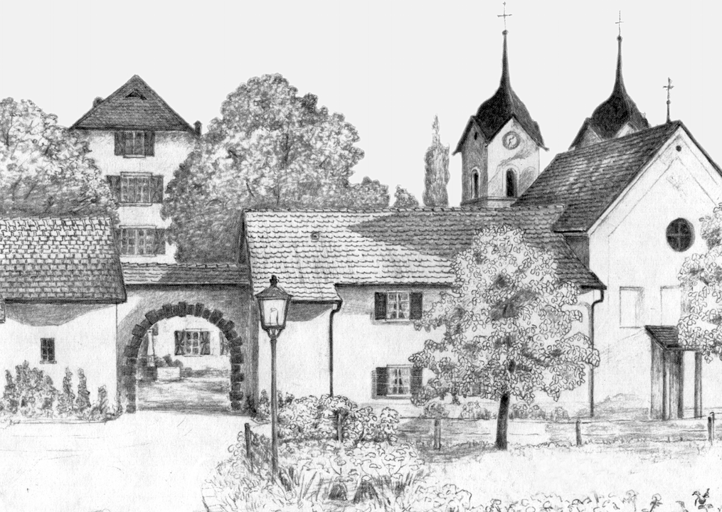 Als Zeichnung: Schloss Böttstein mit Kapelle.