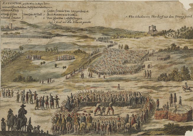 Bis weit in die Neuzeit waren Hinrichtungen üblich, wie jene vom 24. Juli 1653 auf dem Basler Gellerthügel: Sechs Rädelsführer des Bauernkrieges werden enthauptet, einer gehängt. Der Name der Galgenhügel-Promenade erinnert an die Richtstätte.