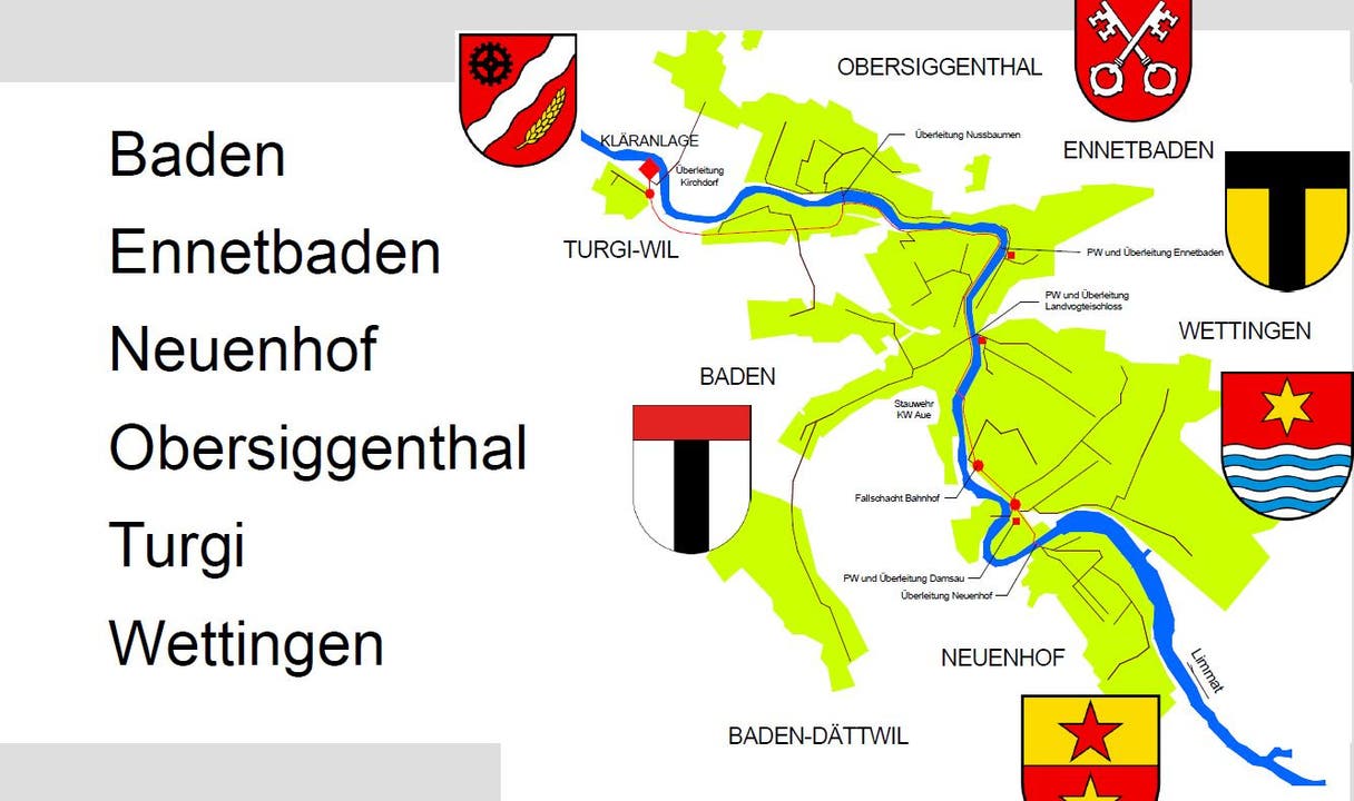 Die zum Abwasserverband gehörenden Gemeinden und der Verlauf des Hauptkanals von Neuenhof bis Turgi (rote Linie).