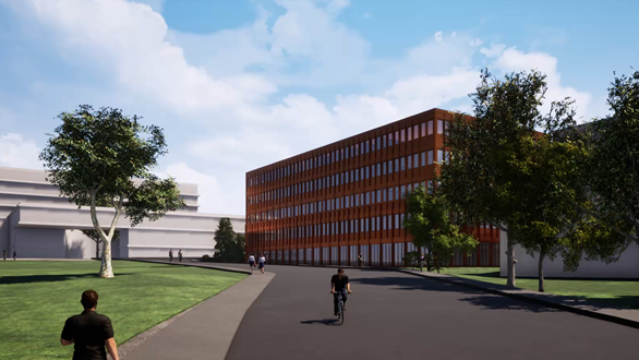 Blick in die Zukunft: Der KSB Gesundheitscampus mit dem Partnerhaus II und dem Eingangsbereich des KSB-Neubaus (links).