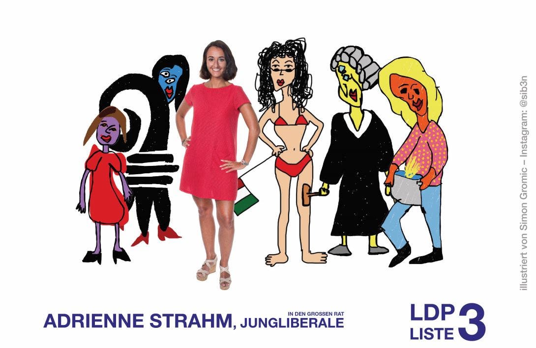 Die Jungliberale Adrienne Strahm zeigt den Baslerstab auf ihrem Flyer.