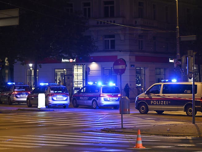 Polizeifahrzeuge stehen in der Wiener Innenstadt. Foto: Herbert Neubauer/APA/dpa