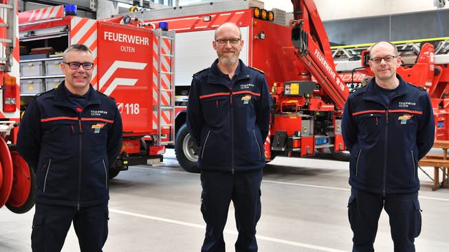 Philipp Hengartner, Martin Kaderli und Roman von Arx (von links) quittieren Ende Jahr den Feuerwehrdienst in Olten.
