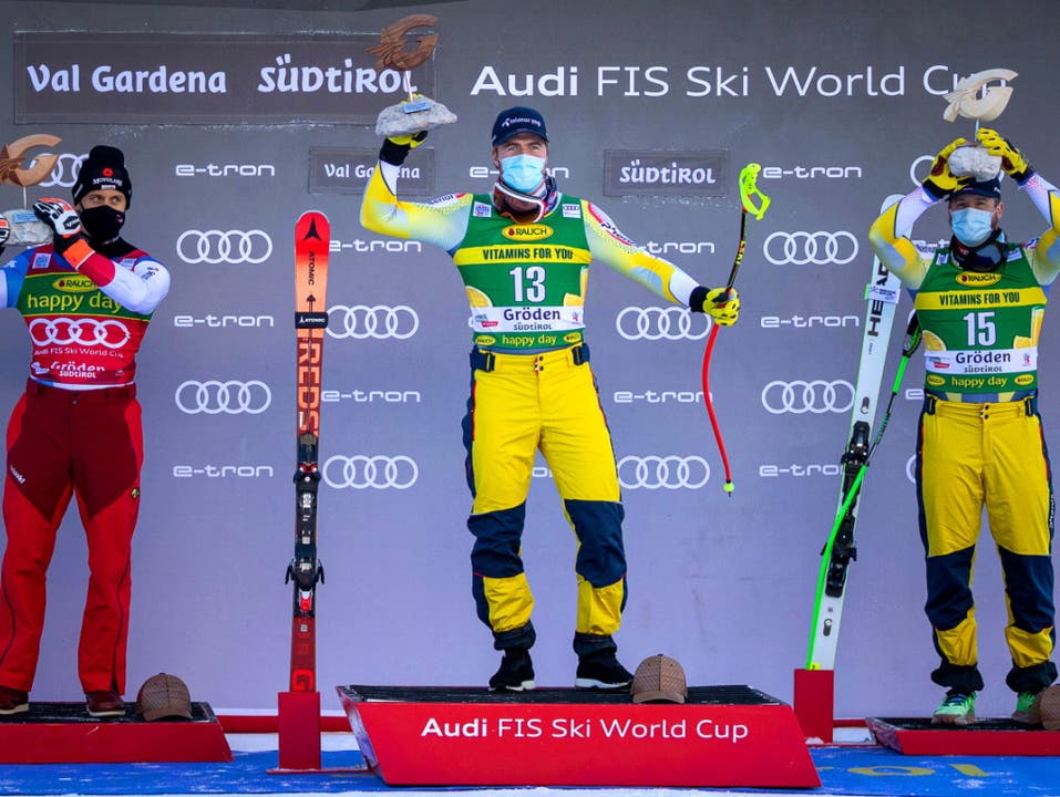 Ein Schweizer und zwei Norweger bei der Siegerehrung (v.l.): Mauro Caviezel, Aleksander Kilde und Kjetil Jansrud