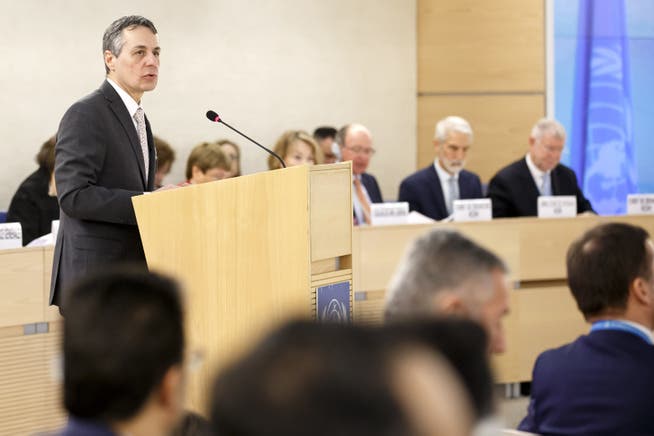 Der Schweizer Aussenminister Ignazio Cassis spricht am Montag in Genf bei der Eröffnung des UNO-Menschenrechtsrates.