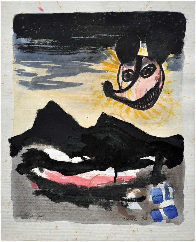 Grusel mit popkultureller Ironie: das Gemälde «Eigenthal» (1988, Aquarell, Tusche und Collage auf Papier). 