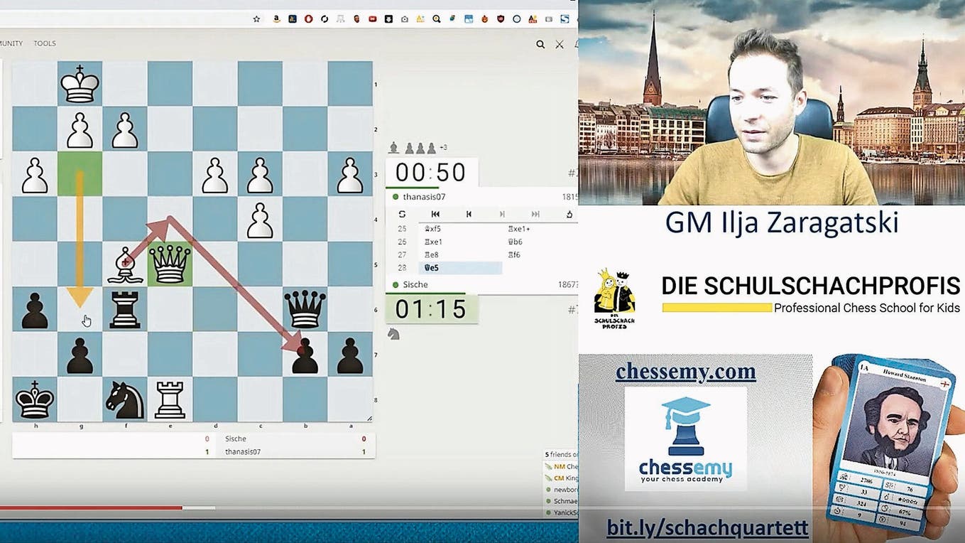 Online-Schachpartien, anschaulich erklärt: Grossmeister Ilja Zaragatski kommentiert auf www.lichess.org Turniere mit Kindern aus der Region.