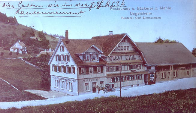 Alte Postkarte des Gastwirtschaftsbetriebs an der Mühlegasse in Degersheim.