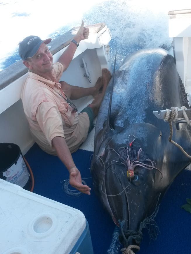 Peter Hofmann im März 2020 mit einem 720 Pfund schweren Blue Marlin in Kenia. 