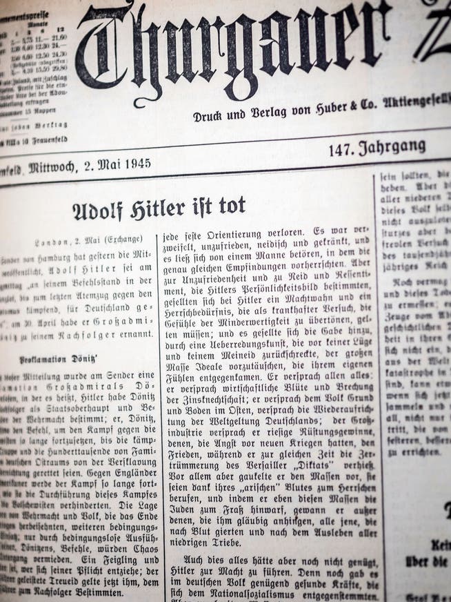 Titelseite der «Thurgauer Zeitung» vom 2. Mai 1945.