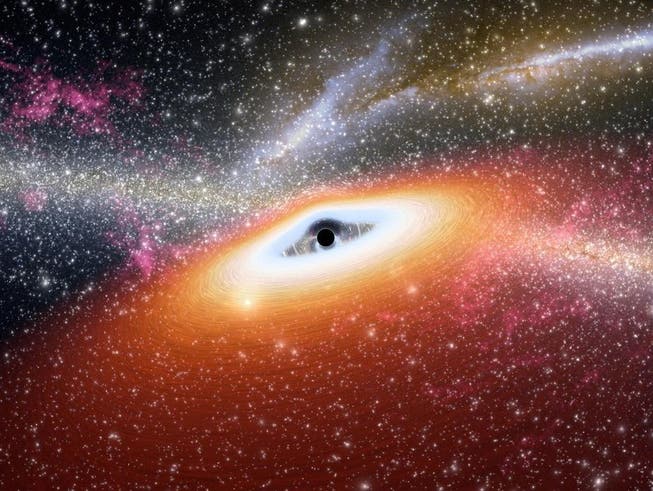 Künstler-Illustration eines Schwarzen Lochs. Das jetzt entdeckte erdnächste Schwarze Loch sieht man dagegen nicht, sondern man schliesst seine Existenz aus der Tatsache, dass ein Stern es umkreist.