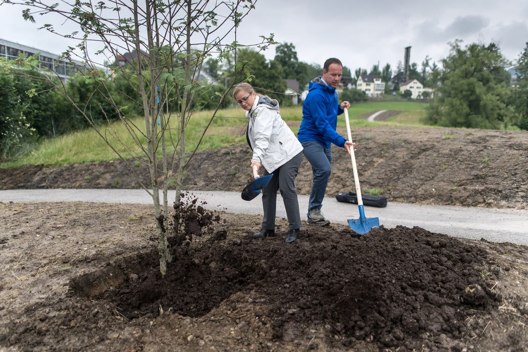 Stadträtin Maria Pappa und Adrian Stolz, Leiter «Stadtgrün», schütten Erde rund um den neu gepflanzten Vogelbeerbaum.