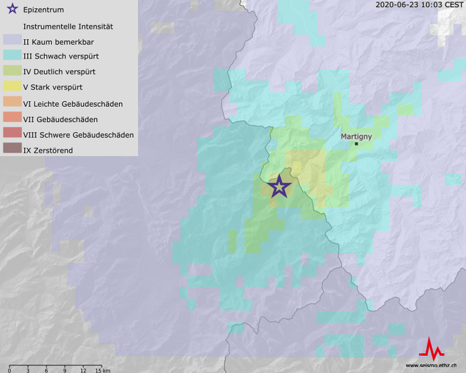 Karte des Schweizerischen Erdbebendienstes über das Beben vom Dienstag.