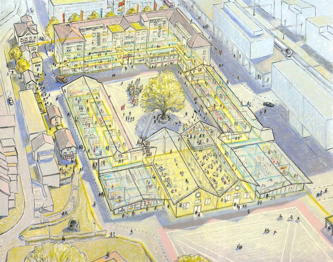 Visualisierung: Der geplante Markt Thurgau in der Stadtkaserne aus der Vogelperspektive.