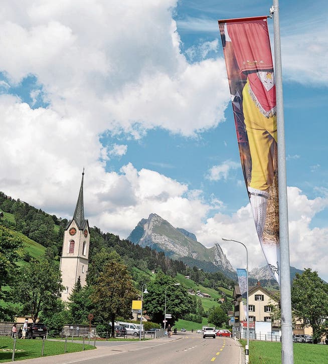 Fahnen zur Dorfverschönerung: Die neue Beflaggung zeigt sich entlang der Hauptstrasse zwischen Starkenbach und Wildhaus.