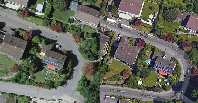 Links die detaillierte Auflösung von Swisstopo, rechts diejenige von Google.