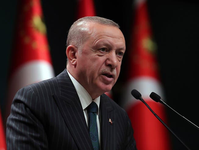 HANDOUT - Recep Tayyip Erdogan, Präsident der Türkei, während einer Fernsehansprache im Anschluss an eine Kabinettssitzung. Foto: --/Turkish Presidency/ AP Pool/dpa - ACHTUNG: Nur zur redaktionellen Verwendung und nur mit vollständiger Nennung des vorstehenden Credits