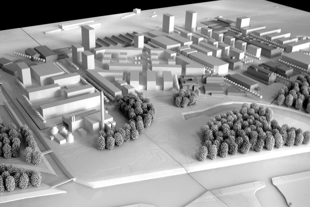 Modell Wie der Gestaltungsplan umgesetzt werden könnte – entlang der Bahn-gleise (im Bildhintergrund) sind Häuser bis zu einer Höhe von 70 Metern möglich.