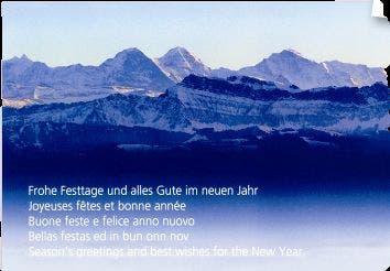 Weihnachstkarte von Bundesrat Johann Schneider Ammann Die Karte zeigt eine Ansicht der Berner Alpen