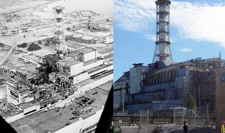 Der Reaktor vier von Tschernobyl links nach dem Unglück 1986 und heute mit Schutzhülle.