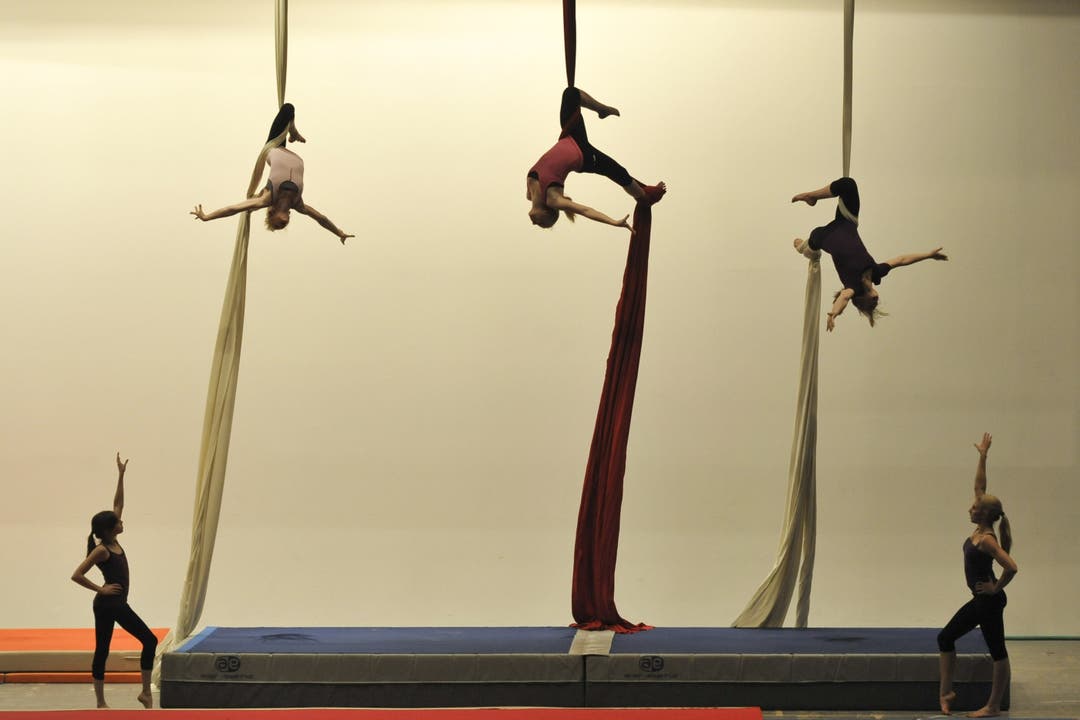 Die Kunstturnerinnen des BTV bis 16 Jahre zeigen Akrobatisches am Vertikaltuch und auf den Klassischen Turngeraeten.