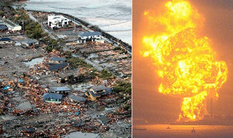 Apokalyptische Ausmasse Links die Küste Japans nachdem sie ein Tsunami überrollt hat: Kaum ein Haus steht noch. Rechts explodiert eine Ölraffinerie. Die verschwindend kleinen Öltanker im Vordergrund geben eine ungefähre Ahnung vom Ausmass der Explosion.