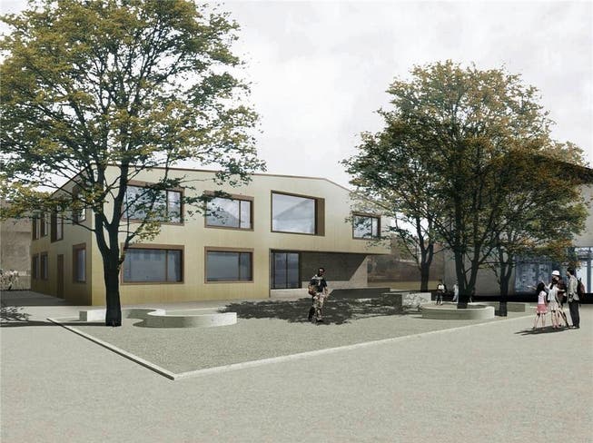 Das neue, zweigeschossige Schulhaus erhält einen zentralen Platz Visualisierung: Eglin Schweizer Architekten