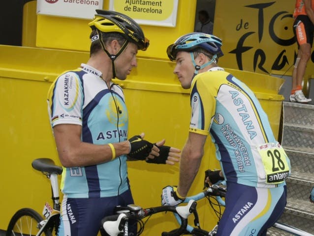 Lance Armstrong (links) und Gregory Rast waren bei Astana Teamkollegen Lance Armstrong (links) und Gregory Rast waren schon bei Astana Teamkollegen