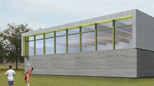 So wie diese Visualisierung des Hallenprovisoriums der Kanti Wohlen soll auch die Sporthalle in Baden aussehen. Quelle: Metron Architektur AG