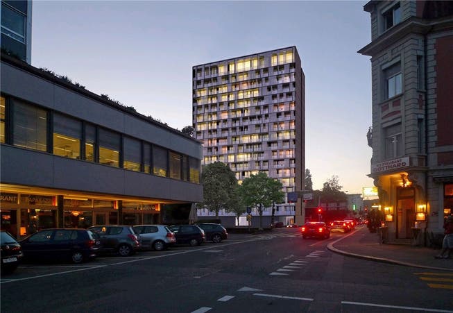 Blick aus der Stadtturmstrasse geplante 18-stöckige Wohnhochhaus (Vorprojekt)