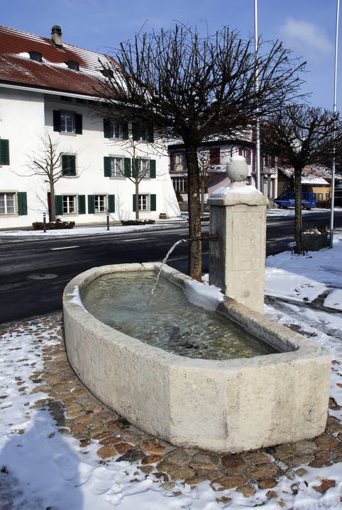 Unterdorfbrunnen mit Blick auf eines der ältesten Häuser im Gäu