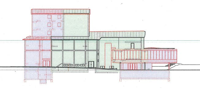 Projektansicht von der Parkstrasse: Anbau Hinterbühne mit Probebühne (l.), bestehender Teil, Erweiterung Bölsterli-Foyer (r.).
