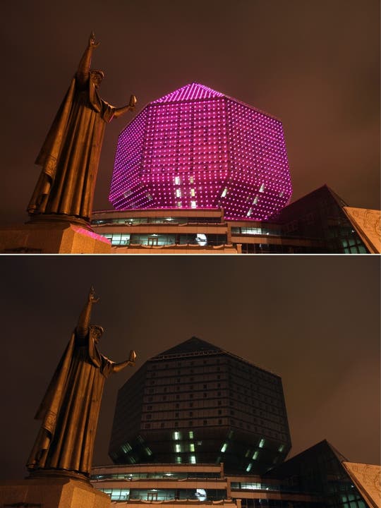Die nationale Bibliothek von Weissrussland – vor und während der Earth Hour.