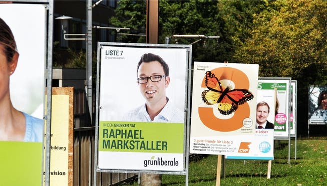 An der Entfelderstrasse in Aarau spriessen Wahlplakate aus dem Boden. (Archiv/Christoph Voellmy)