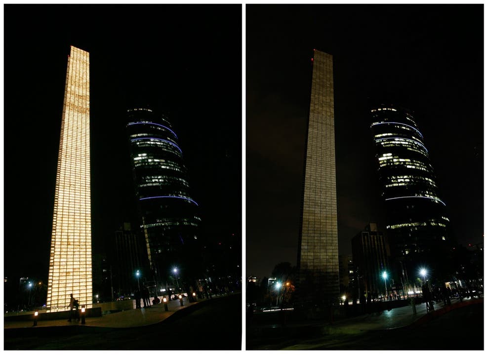 Das «Pillar of Light Monument» in Mexico City – vor und während der Earth Hour.