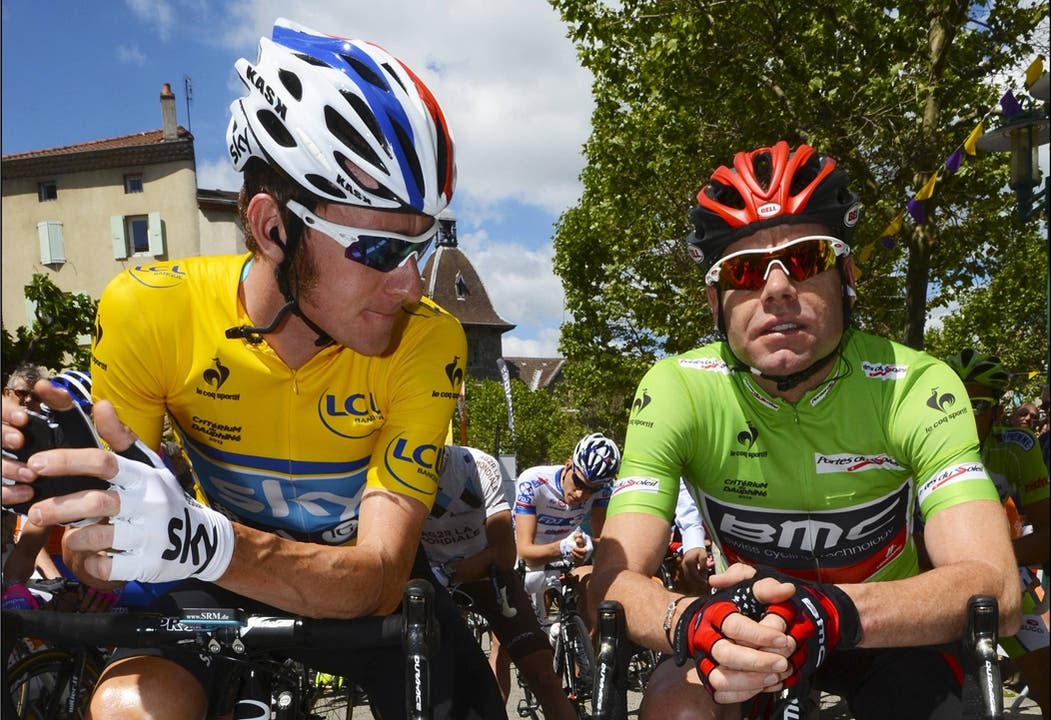 Tour-Favoriten unter sich: Bradley Wiggins (l.) und Cadel Evans unterhalten sich am Dauphiné Libéré