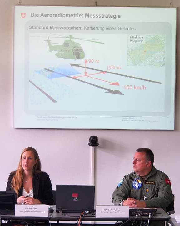 Cristina Danzi, Leiterin Messteam Aeroradiometrie NAZ und Gerald Scharding, stv. Chef NAZ und Leiter Aeroradiometrie erklären den Ablauf der Messflüge.