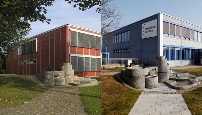 Kreisschule Bechburg: links bis Ende Schuljahr 2004/2005 in rot, recht heute in Silbergrau und blau.