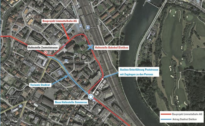 Die Limmattalbahn soll keine Schlaufe mehr über den Kirchplatz machen (rote Linie), sondern von der neuen, vom Dietiker Stadtrat geforderten Haltestelle «Sommerau» über die Zürcherstrasse zur Haltestelle «Zentralstrasse» fahren (blaue Linie). Visualisierung/ZVG