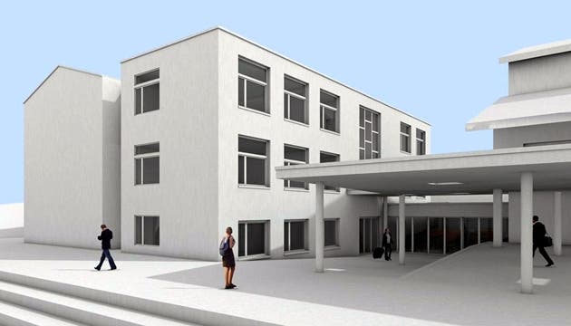 Visualisierung der Münchwiler Schulbauten nach der Sanierung des bestehenden Schulhauses (ganz links) und der Realisierung des Ergänzungsbaus daneben (ganz rechts ist noch ein Teil der Turnhalle zu sehen). – Illustration: pd