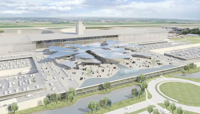 So könnte der Euro-Airport 2020 aussehen. Das Parkareal wäre umgestaltet – der neue Bahnhof soll halbunterirdisch neben den Parkhäusern zu liegen kommen.