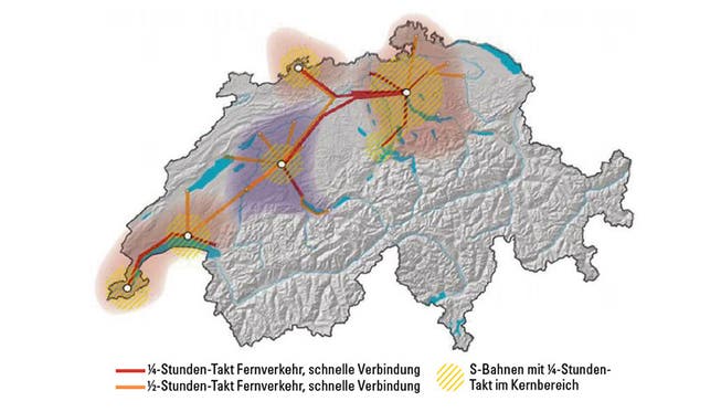 Zwischen Basel, Zürich und Bern sowie rund um die Agglomerationen herum könnte in Zukunft ein 15-Minuten-Takt gelten.