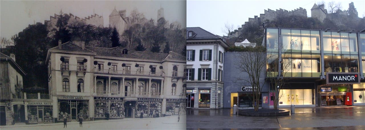 Das Kaufhaus Schlossberg strahlt 1913 mit dem Havanna-Haus und dem Pariser Laden Weltstadtflair aus. 100 Jahre später dominiert der Manor den Schlossbergplatz. Das Kaufhaus Schlossberg strahlt 1913 mit dem Havanna-Haus und dem Pariser Laden Weltstadtflair aus. 100 Jahre später dominiert der Manor den Schlossbergplatz.