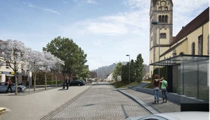 Visualisierung der künftigen Dorfstrasse zwischen Kirche und Gemeindehaus. ZVG