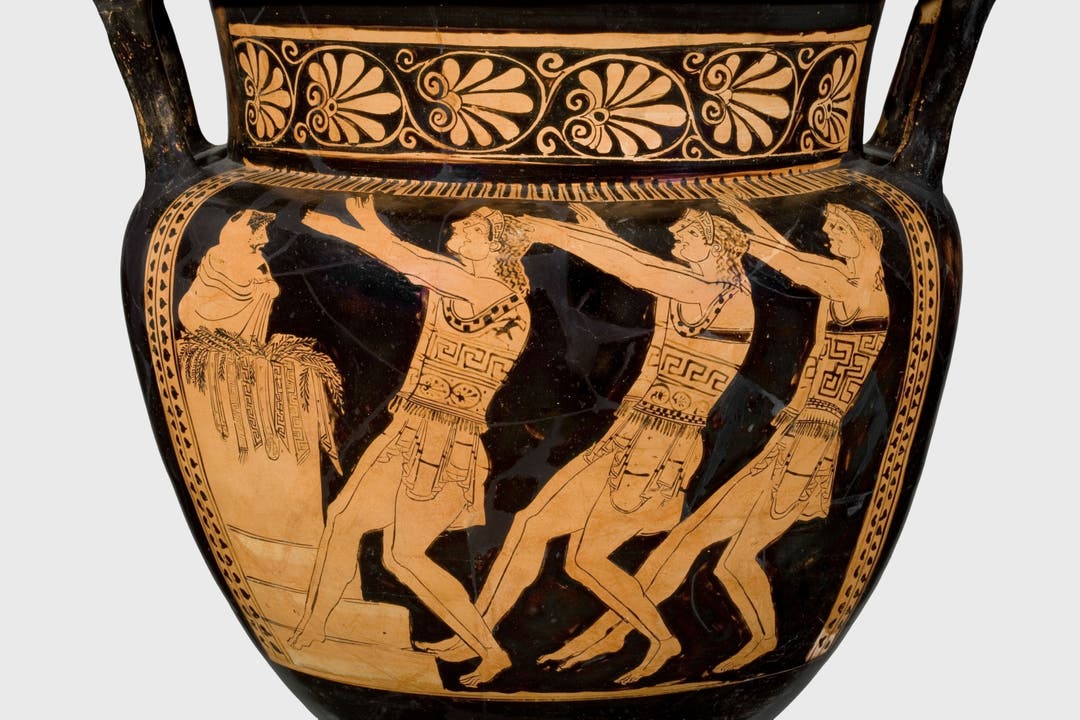 Männer unter sich. Im Theater spielten Männer für Männer. Hier ein Chor bei einer Totenklage. Weinmischgefäss (Krater) aus Athen; Ton; um 480 v. Chr.
