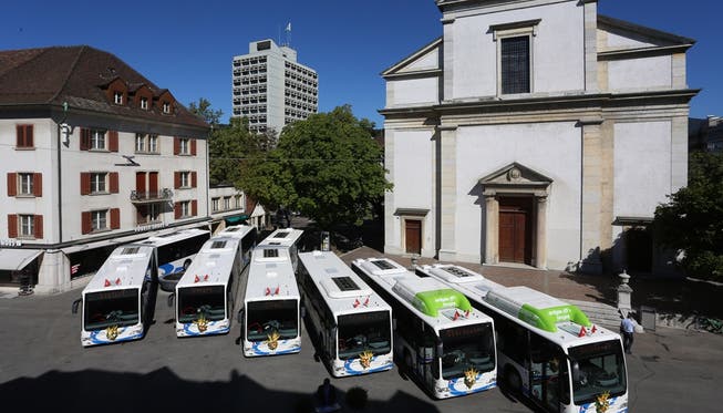 Die neuen Busse vor der Stadtkirche.