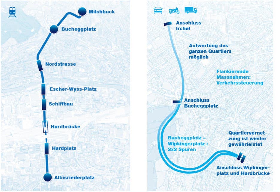 Rosengartentram (links) und -tunnel sollen den Verkehrsknoten in Zürich lösen. Der Regierungsrat präsentierte am 1. Oktober diese Lösung.