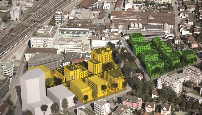 Torfeld Süd: Zuvorderst das Hochhaus der Gastro Social (bereits in Bau), gelb markiert das Baufeld 2 (liegt jetzt auf), dahinter das neue Stadion-Gebiet. Grün das Gartenquartier, dazwischen der Oehlerpark (diese Projekte folgen noch). ho/ssa