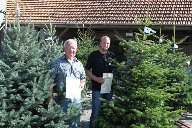 Peter Sperisen aus Grenchen und Roland Schuppisser aus Elsau (v.l.) mit den schönsten Weihnachtsbäumen der Schweiz.